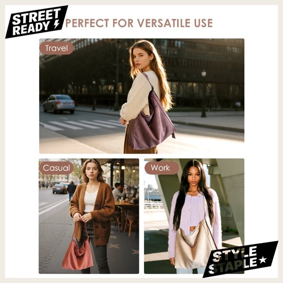Large Faux Suede Hobo Tote Bag with Adjustable Strap for Work Travel